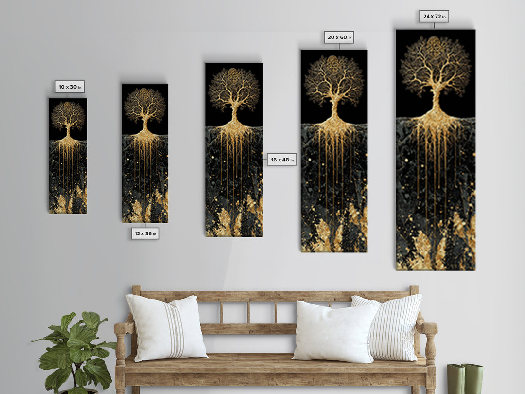 Canvas Art Yggdrasil Nordic Tree of Life, Canvas Gold Art framed with real wood, Norse Mythology inspired office or dad gift wall art
