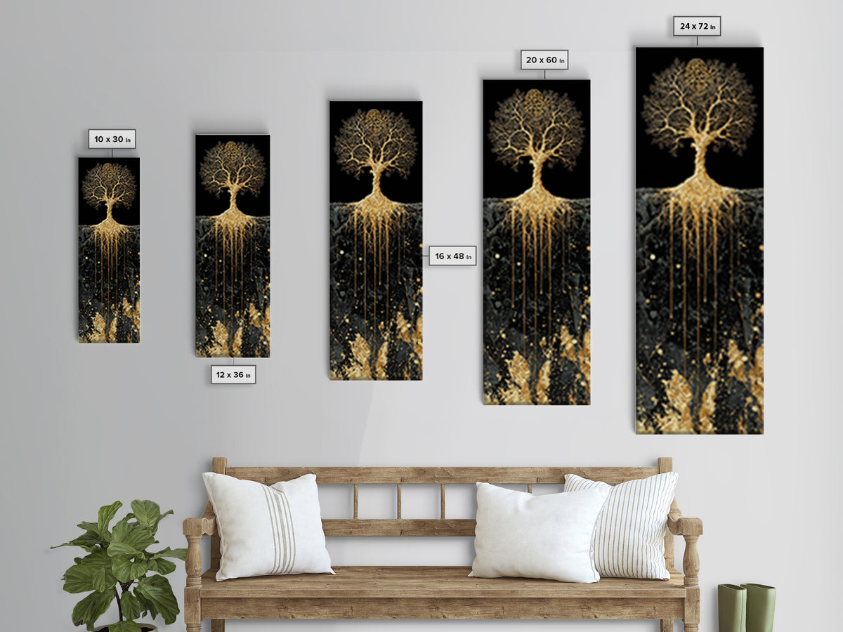 Canvas Art Yggdrasil Nordic Tree of Life, Canvas Gold Art framed with real wood, Norse Mythology inspired office or dad gift wall art