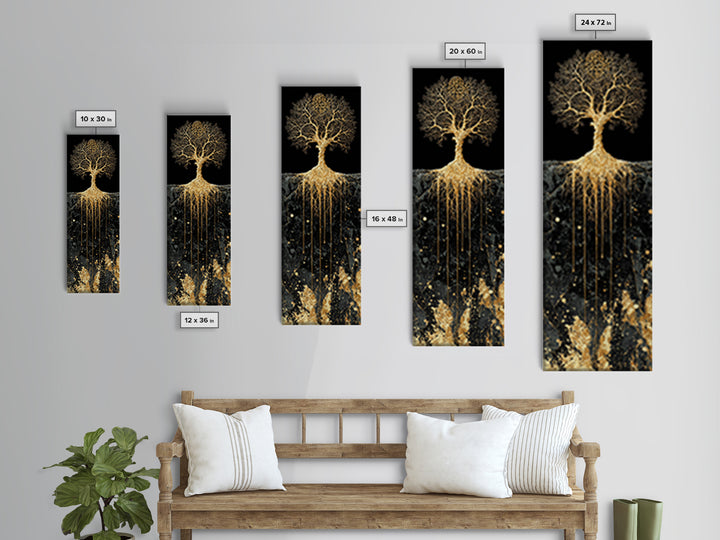 Canvas Art Yggdrasil Nordic Tree of Life, Canvas Gold Art framed with real wood, Norse Mythology inspired office or dad gift wall art