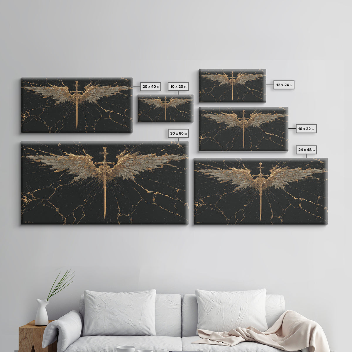 Winged Sword Canvas Gold Art Canvas Art Norse Mythology Wall Art Framed in Real Wood, Viking Office Decor or Dad Gift