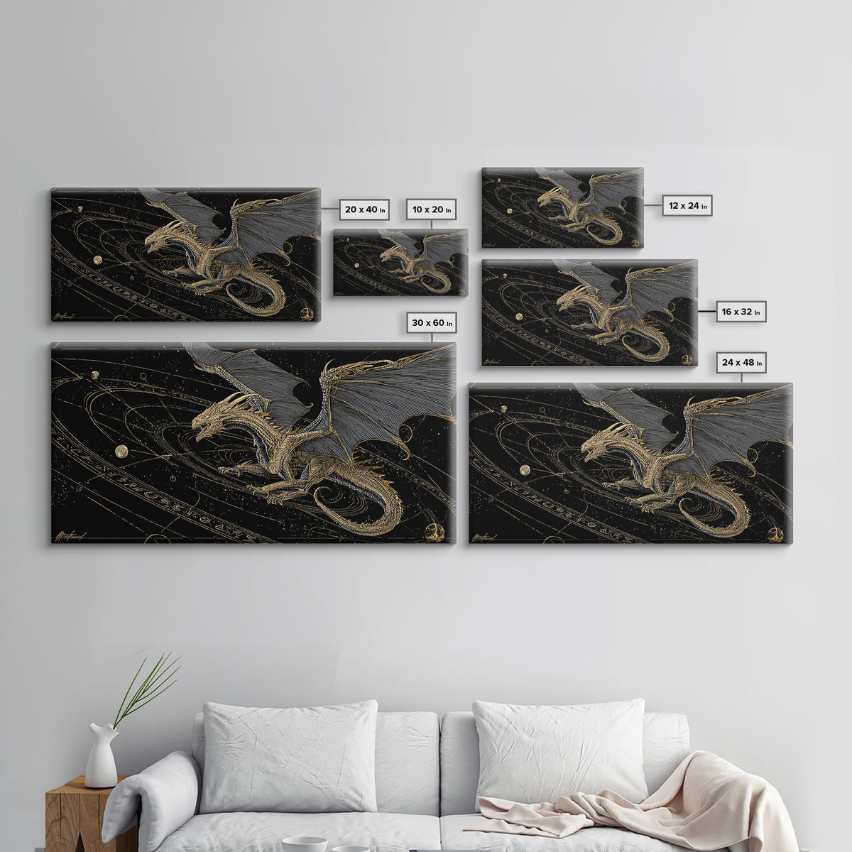 Cosmic Norse Dragon Canvas Gold Art Canvas Art Wall Decor, Nordic Mythology Gift for Office or Man Cave, Natural Wood Frame