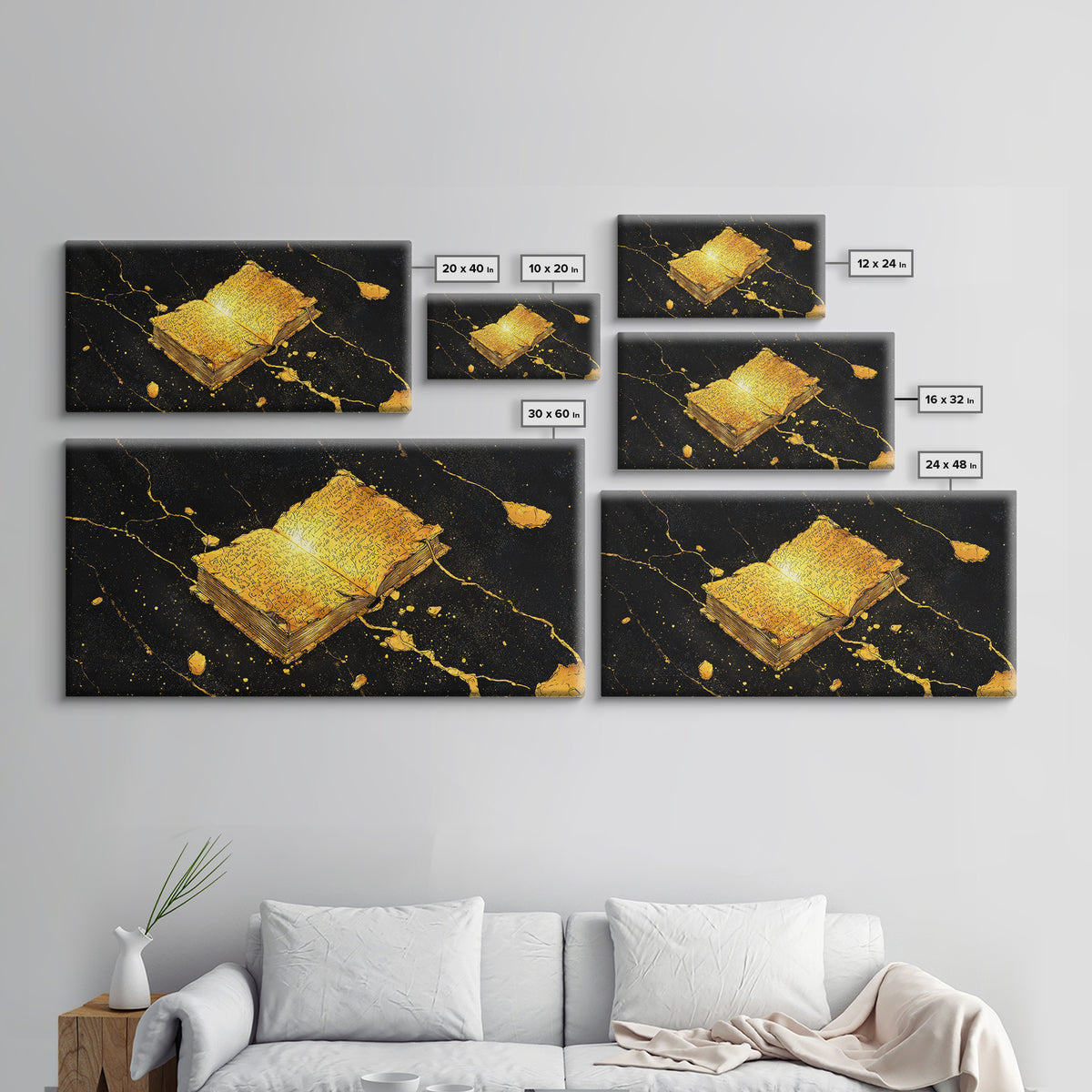 Ancient Nordic Runes Book Canvas Gold Art Canvas Art with Cosmic Background, Viking Mythology Wall Decor, Real Wood Frame