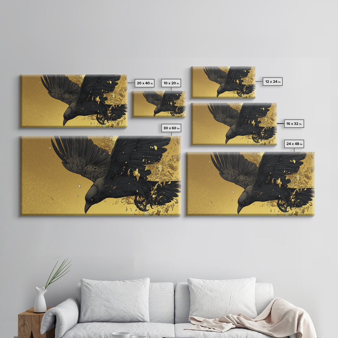 Odin’s Raven Huginn Canvas Gold Art Canvas Art Norse Mythology Wall Decor with Natural Wood Frame, Man Cave or Office Gift