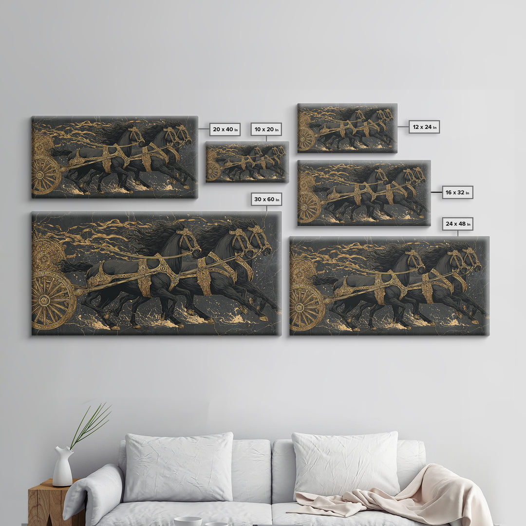 Viking War Chariot Canvas Gold Art, Nordic Mythology Canvas Art Print, Norse Decor for Office or Man Cave, framed with natural wood