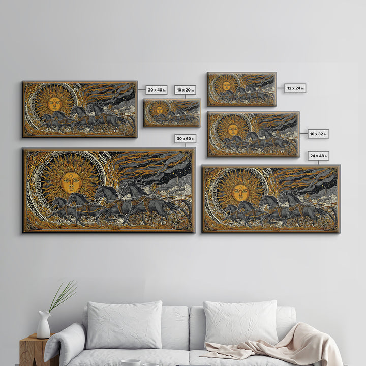 Sun Chariot of Sol Canvas Gold Art, Norse Mythology Canvas Art Wall Hanging, Viking Decor for Dad Gift, framed in authentic wood