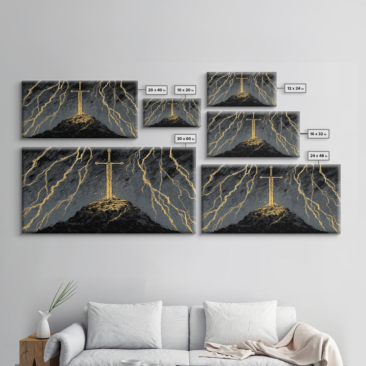 Storm Sword Canvas Gold Art, Nordic Mythology Canvas Art Print, Viking Office Wall Art framed in real wood, masculine gift idea