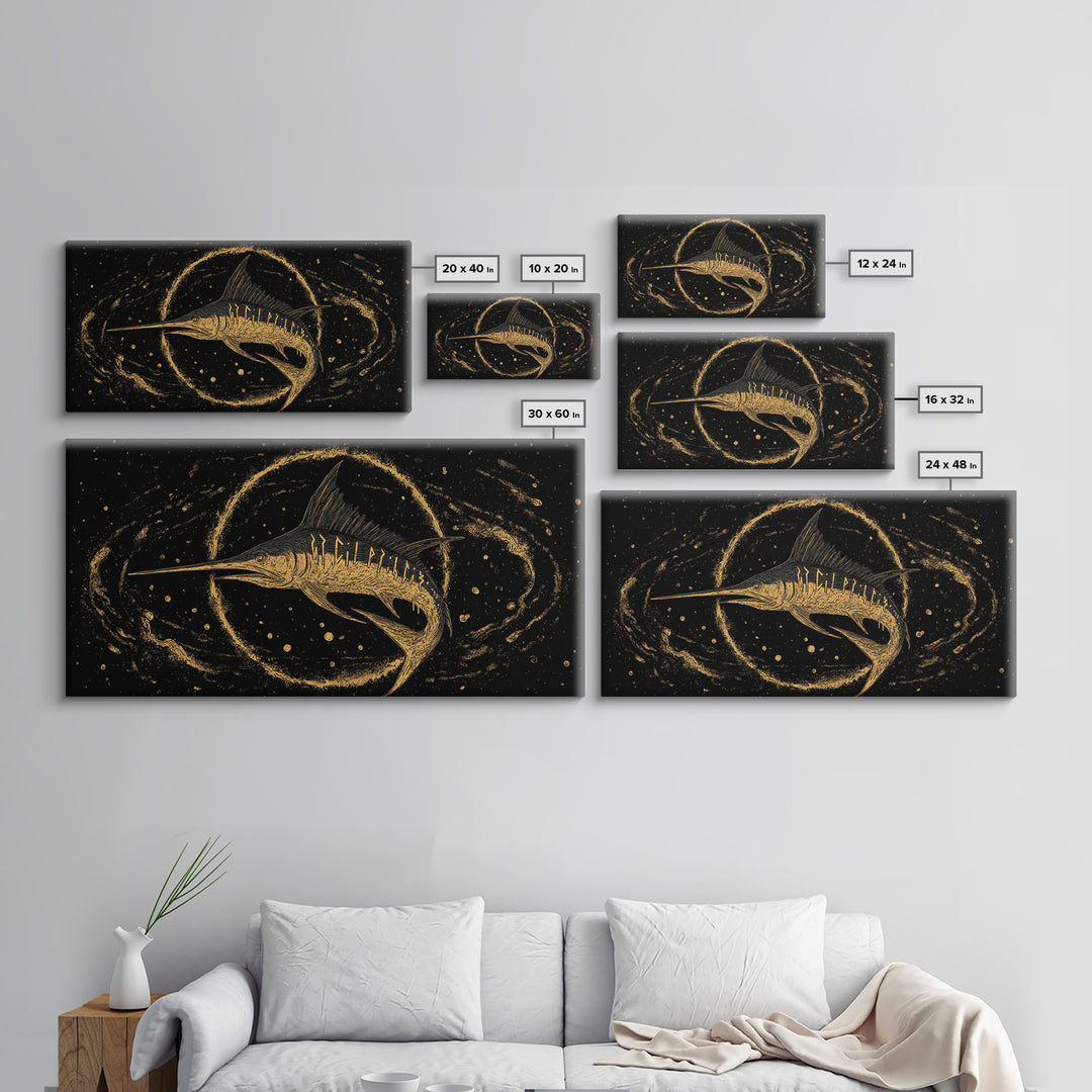 Swordfish Canvas Gold Art Nordic Mythology Inspired Canvas Art for Man Cave Wall Decor, Office Art Framed in Natural Wood