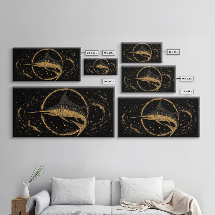 Swordfish Canvas Gold Art Nordic Mythology Inspired Canvas Art for Man Cave Wall Decor, Office Art Framed in Natural Wood