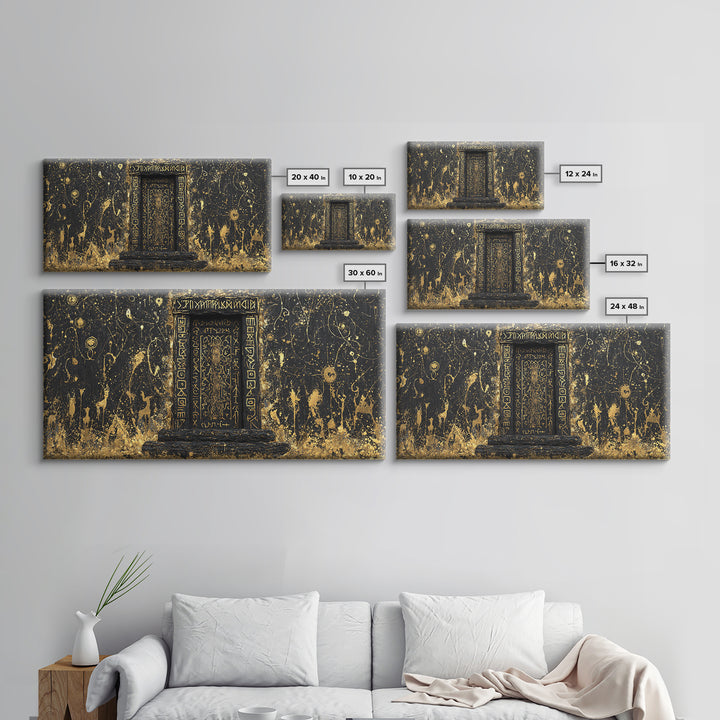 Runestone Doorway Canvas Gold Art, Nordic Mythology Inspired Canvas Art, Pagan Viking Office Decor Framed in Real Wood