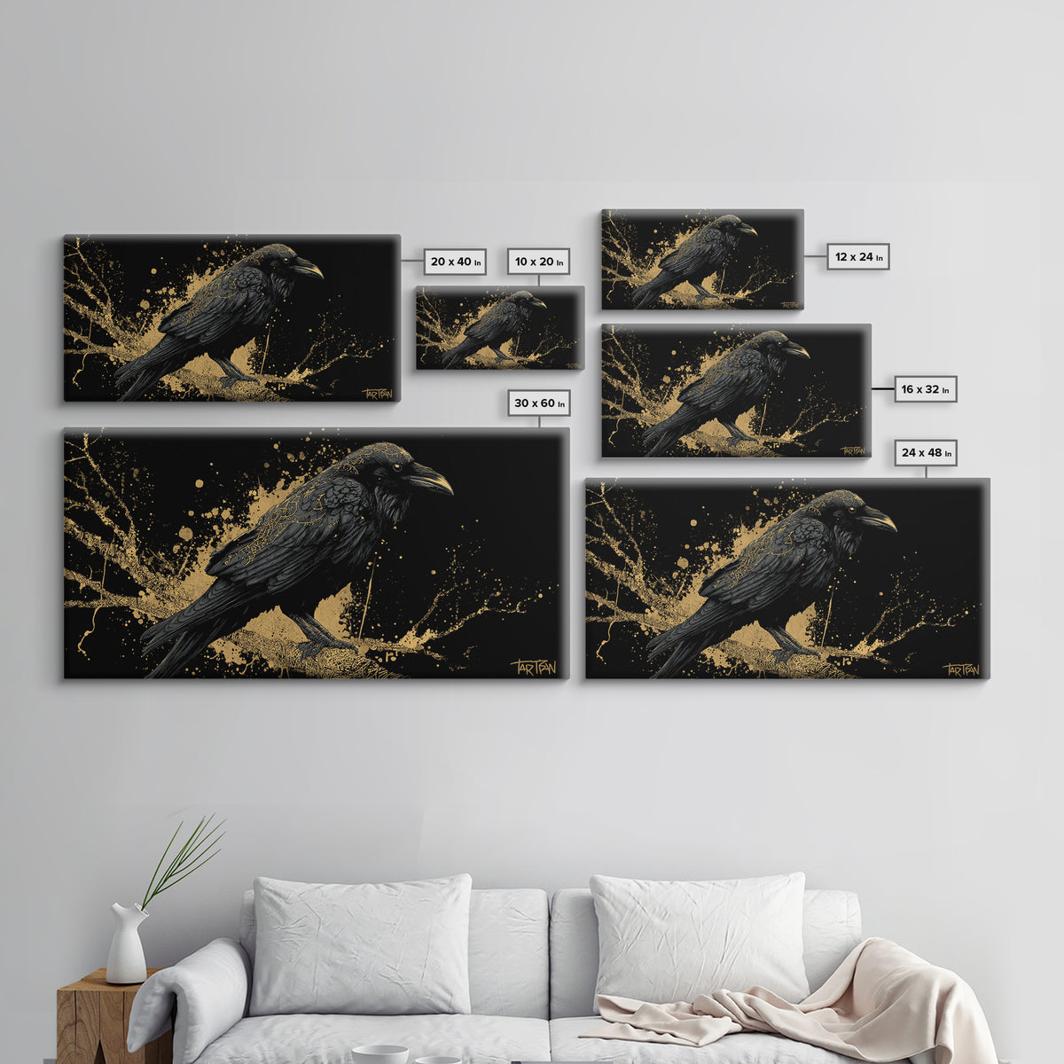 Viking Raven Canvas Gold Art Canvas Art Norse Wall Decor with Real Wood Frame, Nordic Mythology Office or Dad Gift Artwork