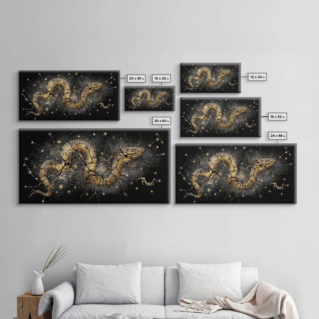 Jormungandr Serpent Canvas Gold Art Norse Mythology Canvas Art Wall Decor framed in real wood, Man Cave Viking Gift for Him