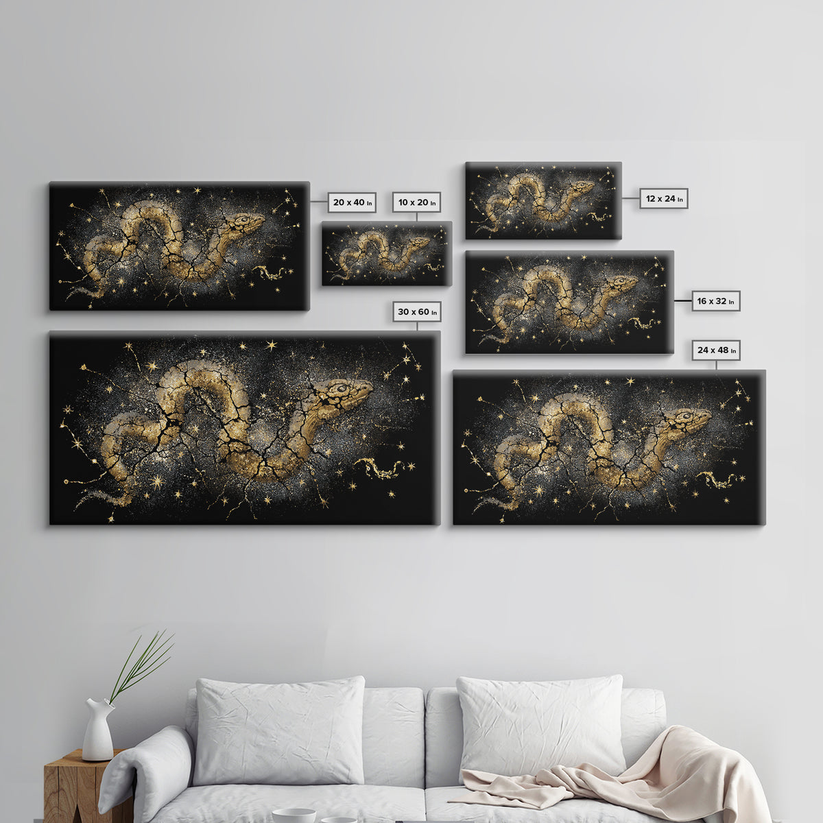 Jormungandr Serpent Canvas Gold Art Norse Mythology Canvas Art Wall Decor framed in real wood, Man Cave Viking Gift for Him