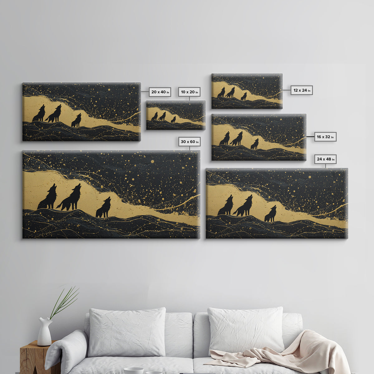 Howling Wolves Canvas Gold Art Norse Canvas Art Nordic Mythology Wall Decor with real wood frame, Man Cave Accent, Office Art