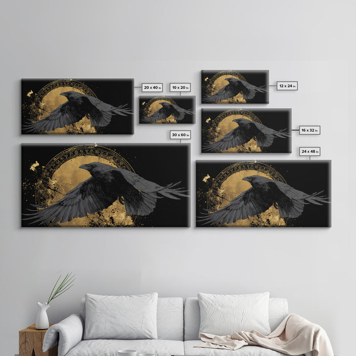 Raven of Odin Canvas Gold Art Norse Mythology Canvas Art Nordic Wall Decor framed in real wood, Man Cave Viking Office Gift