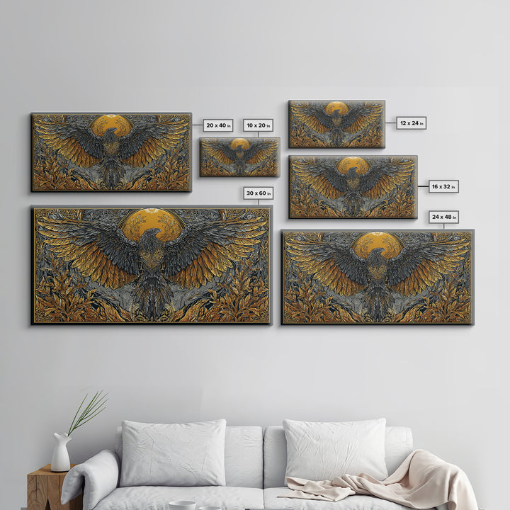 Valkyrie Eagle Canvas Gold Art Canvas Art Norse Wall Hanging with Spreading Wings, Natural Wood Frame, Nordic Mythology Gift