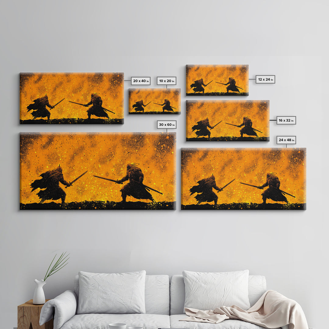 Fiery Duel Canvas Gold Art Canvas Art Norse Viking Mythology Warrior Wall Decor Dad Gift Office Art framed in solid wood