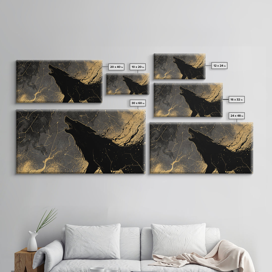 Fenrir Wolf Canvas Gold Art Canvas Art Norse Mythology Beast Viking Wall Decor Dad Gift Office Art framed in real wood frame