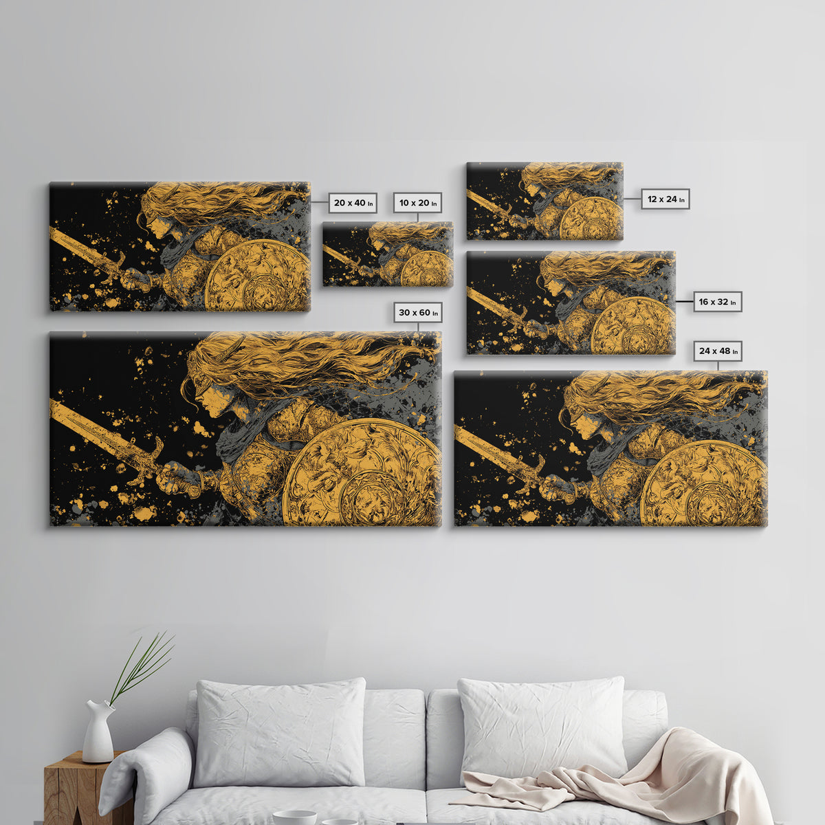 Valkyrie Warrior Canvas Gold Art Canvas Art Norse Mythology Female Viking Wall Decor Office Art Man Cave Gift framed in wood