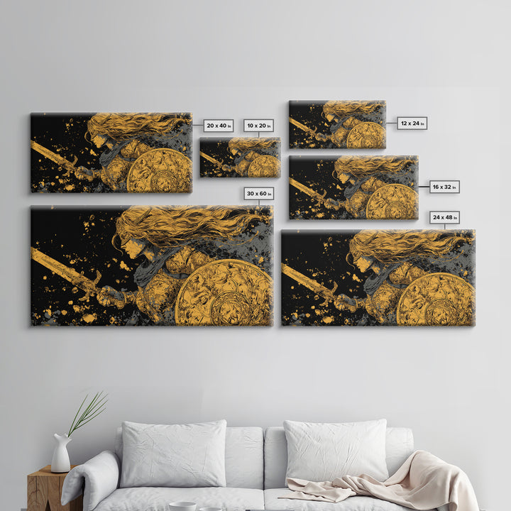 Valkyrie Warrior Canvas Gold Art Canvas Art Norse Mythology Female Viking Wall Decor Office Art Man Cave Gift framed in wood