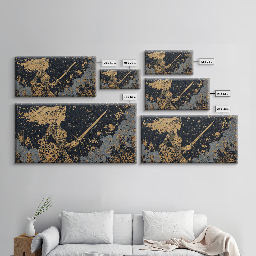 Viking Warrior Queen Hervor Canvas Gold Art Canvas Art Nordic Mythology Wall Decor for Office or Man Cave framed in real wood