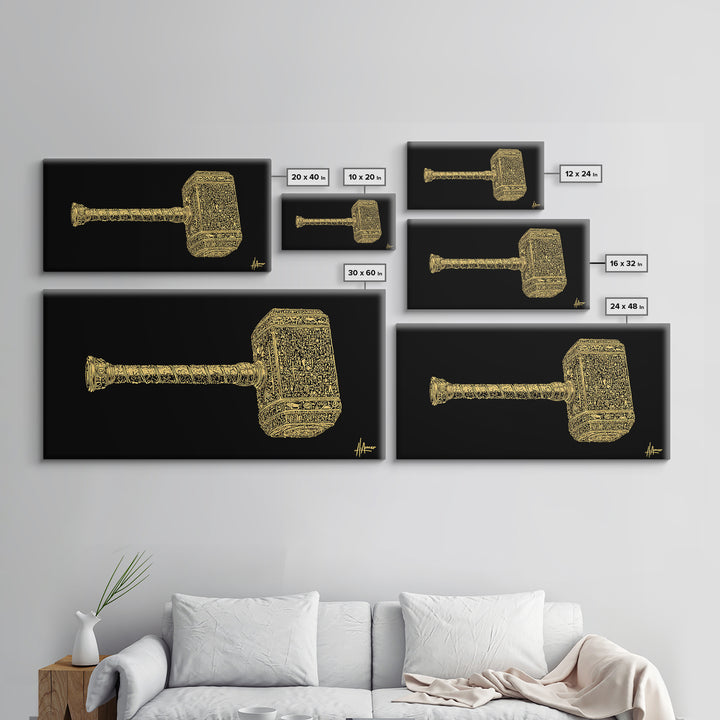 Thor’s Hammer Mjolnir Canvas Gold Art Canvas Art Nordic Mythology Wall Hanging Viking Decor Office Art Gift framed in solid natural wood