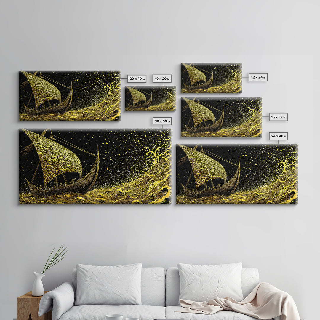 Norse Ship Naglfar Canvas Gold Art Canvas Art Viking Longship Wall Hanging Decor for Dad Gift Office Art framed in handcrafted real wood