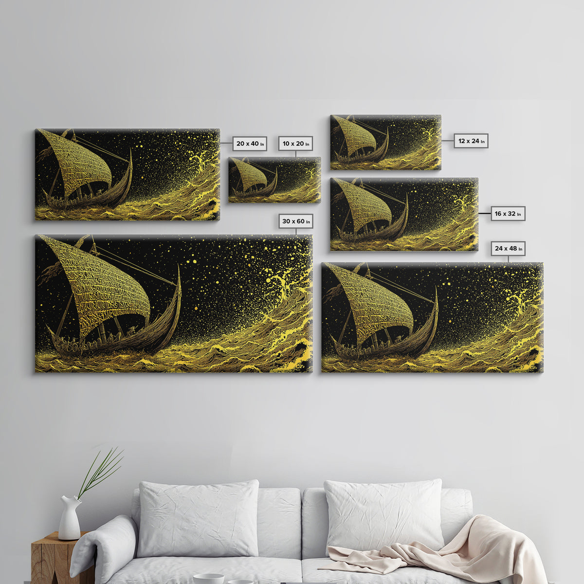 Norse Ship Naglfar Canvas Gold Art Canvas Art Viking Longship Wall Hanging Decor for Dad Gift Office Art framed in handcrafted real wood