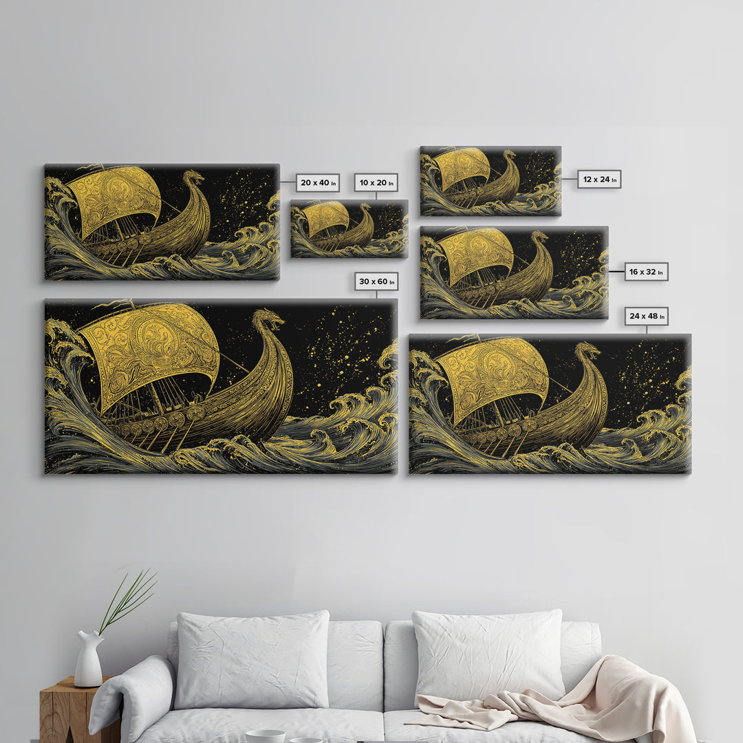Naglfar Viking Ship Canvas Gold Art Canvas Art Norse Mythology Longship Wall Hanging Decor Office Art Man Cave Gift framed in real wood
