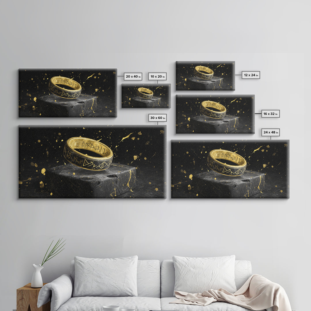 Viking Rune Ring Canvas Gold Art Nordic Symbol Canvas Art Norse Jewelry Wall Decor, Office Art or Dad Gift with real wood frame