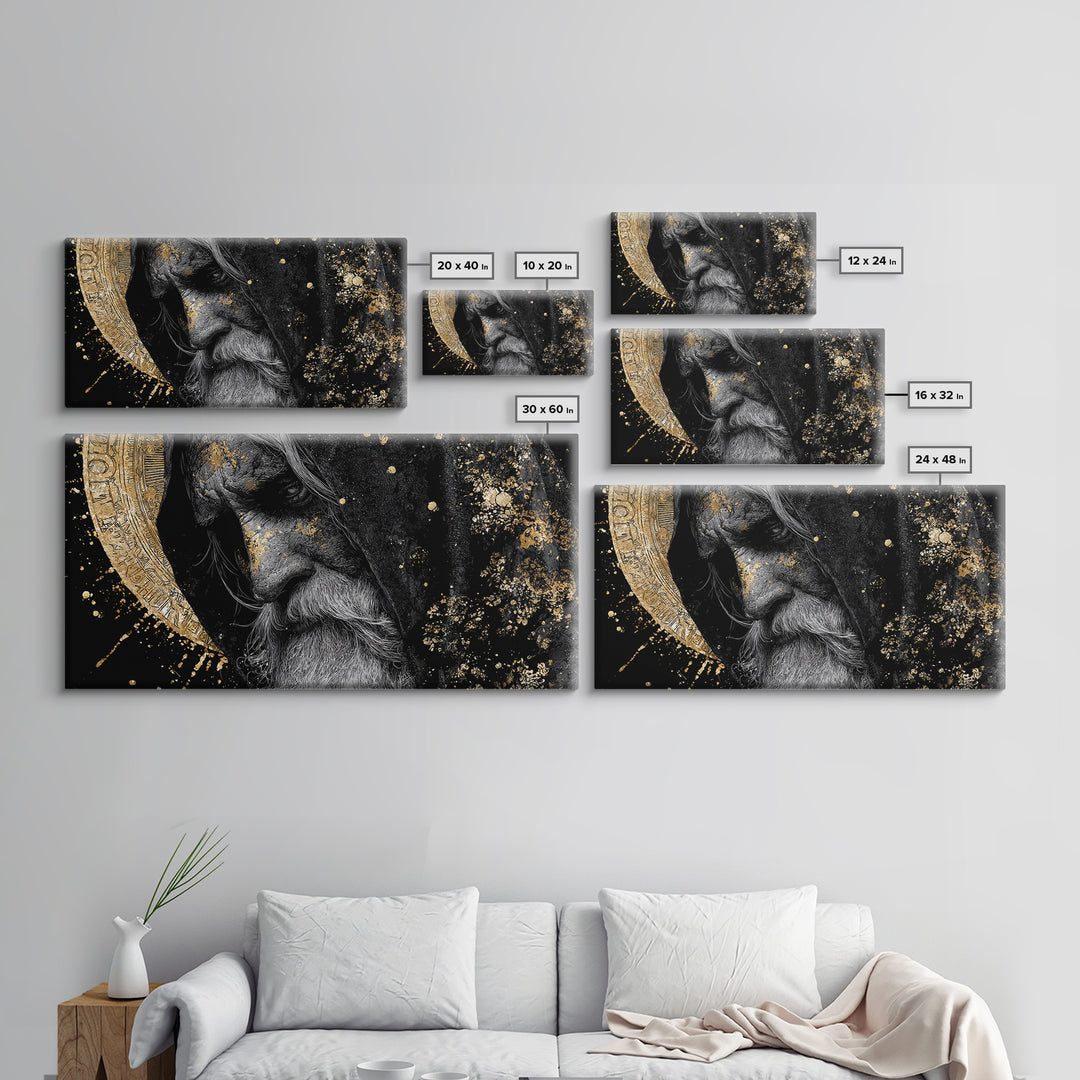 Odin Wisdom Canvas Gold Art Nordic Mythology Norse God Canvas Art, Viking Office Wall Decor for Men framed in natural wood