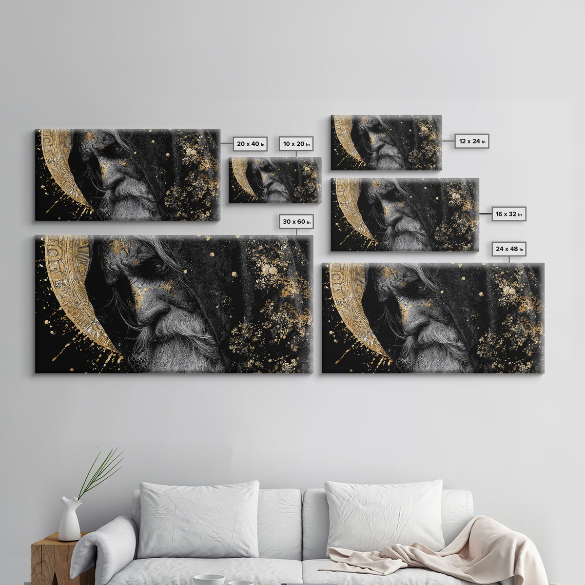 Odin Wisdom Canvas Gold Art Nordic Mythology Norse God Canvas Art, Viking Office Wall Decor for Men framed in natural wood