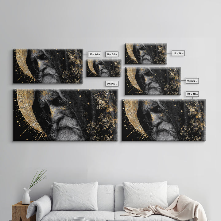 Odin Wisdom Canvas Gold Art Nordic Mythology Norse God Canvas Art, Viking Office Wall Decor for Men framed in natural wood