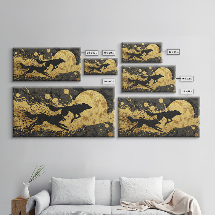 Fenrir Wolf Canvas Gold Art Norse Mythology Canvas Art, Viking Beast of Ragnarok Wall Decor for Office or Man Cave in wood frame