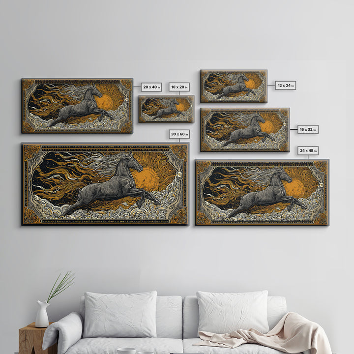 Mythical Sleipnir Canvas Gold Art Wall Decor, Odin’s Eight-Legged Horse Norse Canvas Art with real wood frame, Viking Office Art