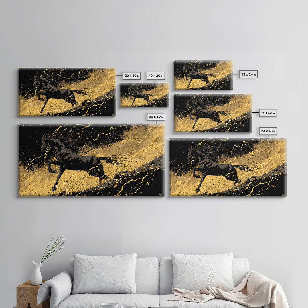 Nordic Sleipnir Horse Canvas Art, Canvas Gold Art in Norse Mythology Style, Man Cave Wall Art for Men, framed in authentic wood