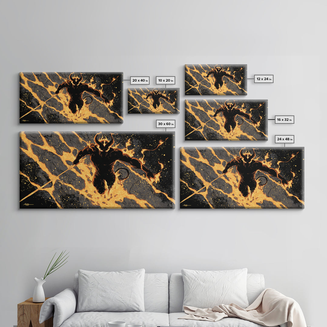 Mythical Surtur with Flaming Sword Canvas Gold Art, Viking Canvas Art Norse Decor, Man Cave Office Art, framed in handcrafted wood