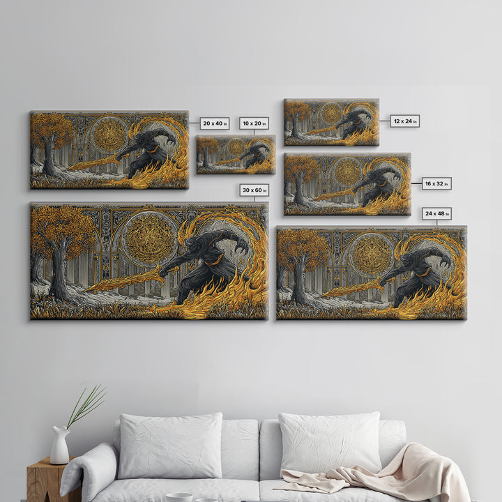 Surtur Norse Fire Giant Canvas Art, Nordic Mythology Canvas Gold Art for Office Wall or Man Cave, framed in real wood, bold Dad Gift