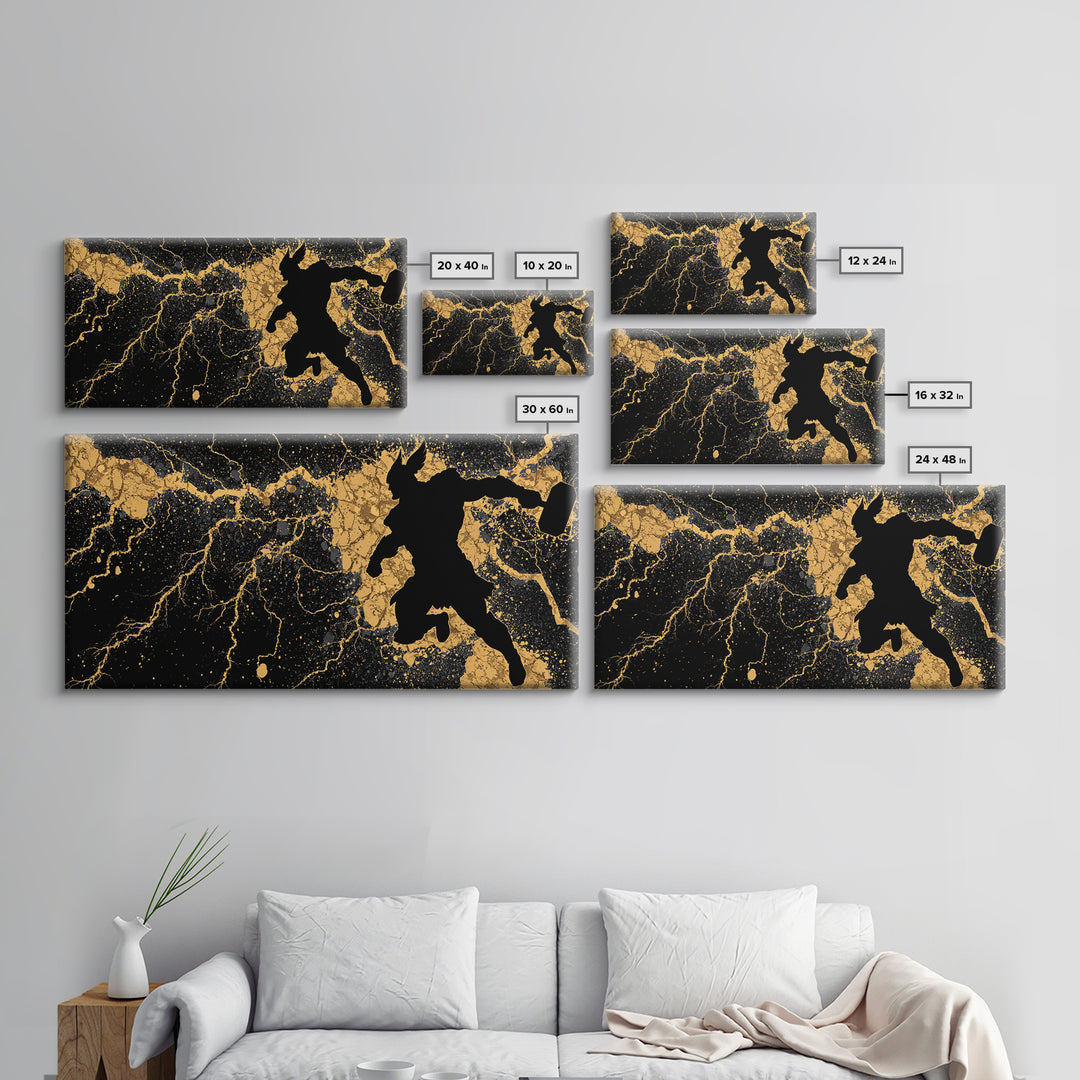 Viking Thor with Mjolnir Canvas Gold Art, Norse Mythology Canvas Art Wall Decor for Man Cave or Dad Gift, framed in solid wood