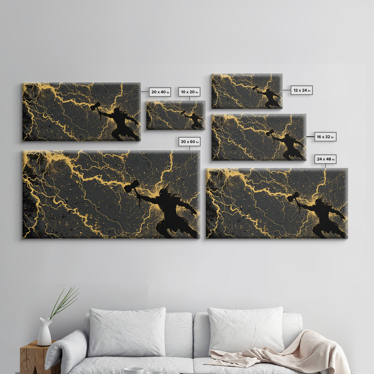 Thor God of Thunder Canvas Art, Canvas Gold Art with Lightning, Norse Mythology Wall Decor, Office Art for Men, framed in real wood