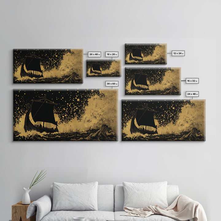 Canvas Art Viking Rune Stone Canvas Gold Art, Norse Mythology Wall Decor with Real Wood Frame, Man Cave Nordic Office Artwork