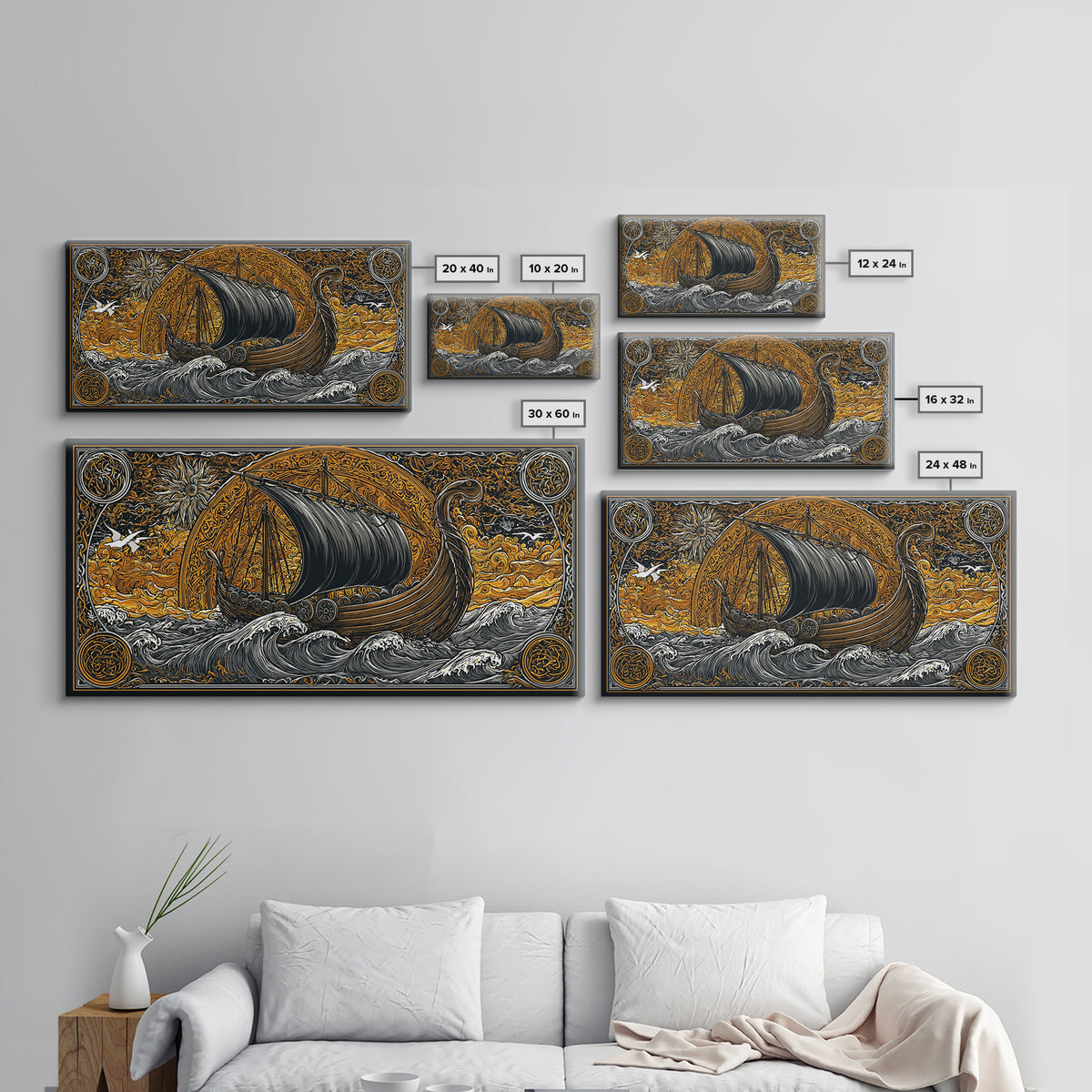 Viking Ship Canvas Gold Art Canvas Art, Norse Longboat Sailing Wall Decor with Real Wood Frame, Nordic Mythology Office Artwork