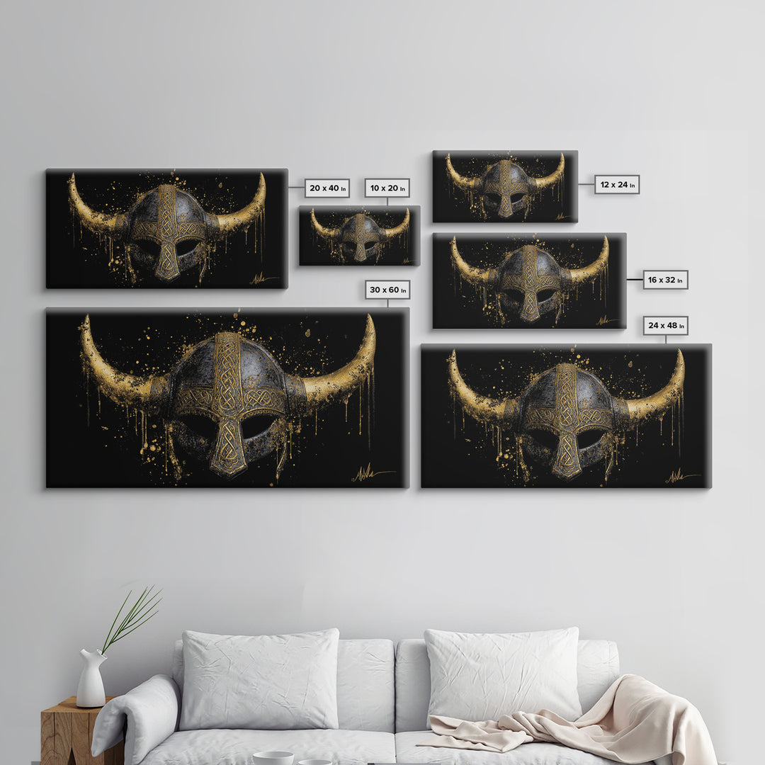 Nordic Valkyrie Canvas Gold Art Canvas Art, Norse Goddess Warrior Silhouette with Wings, Man Cave Wall Art in Real Wood Frame