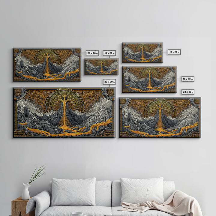 Yggdrasil Canvas Gold Art Canvas Art, Norse World Tree of Life Wall Decor framed in Natural Wood, Nordic Mythology Office Artwork