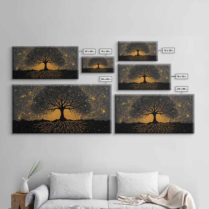 Viking Funeral Canvas Gold Art Canvas Art, Norse Longship Silhouette Wall Decor framed in Natural Wood, Nordic Mythology Artwork