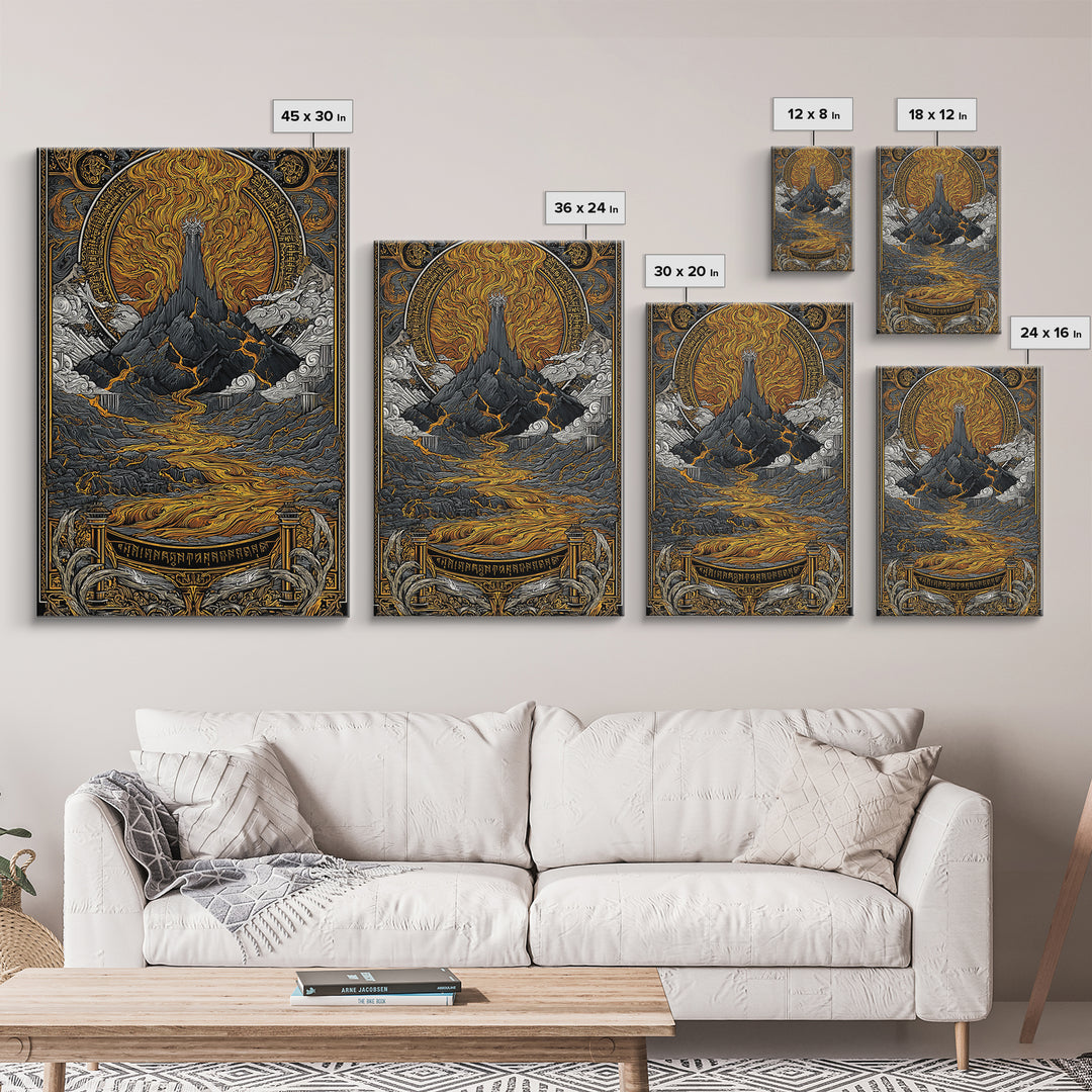 Muspelheim Fire Mountain Canvas Gold Art Canvas Art | Viking Mythology Lava Landscape Wall Art | Natural Wood Frame Included
