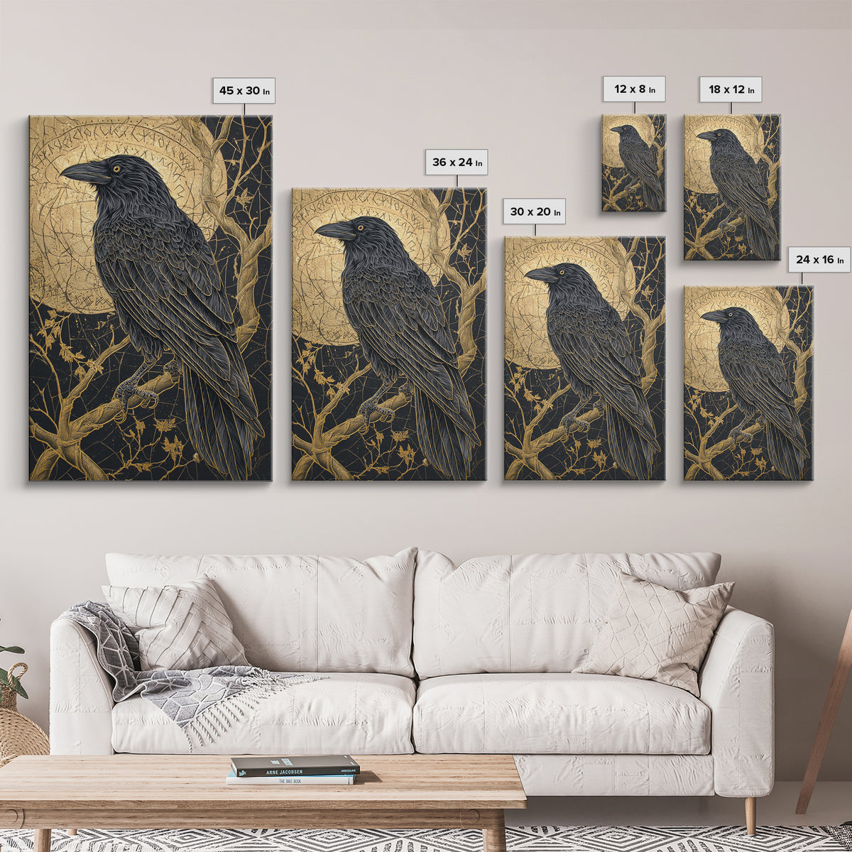 Odin’s Raven Canvas Gold Art Canvas Art | Norse Mythology Bird Symbol Wall Decor for Office or Dad Gift | Set in Real Wood Frame