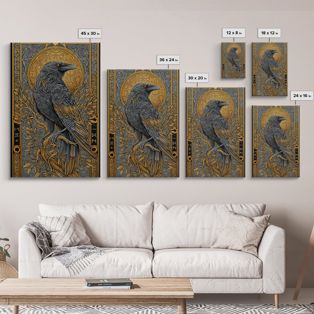Hugin Raven Canvas Gold Art Canvas Art | Viking Odin Symbol Norse Mythology Decor | Man Cave Wall Art | Framed in Solid Wood