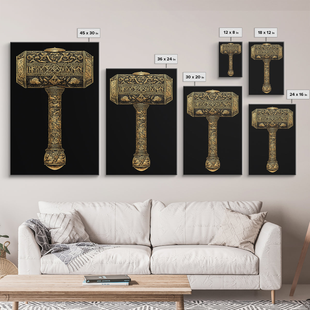 Viking Mjölnir Hammer Canvas Gold Art Canvas Art | Nordic Mythology Pagan Symbol Wall Art Dad Gift | Office Decor in Wood Frame