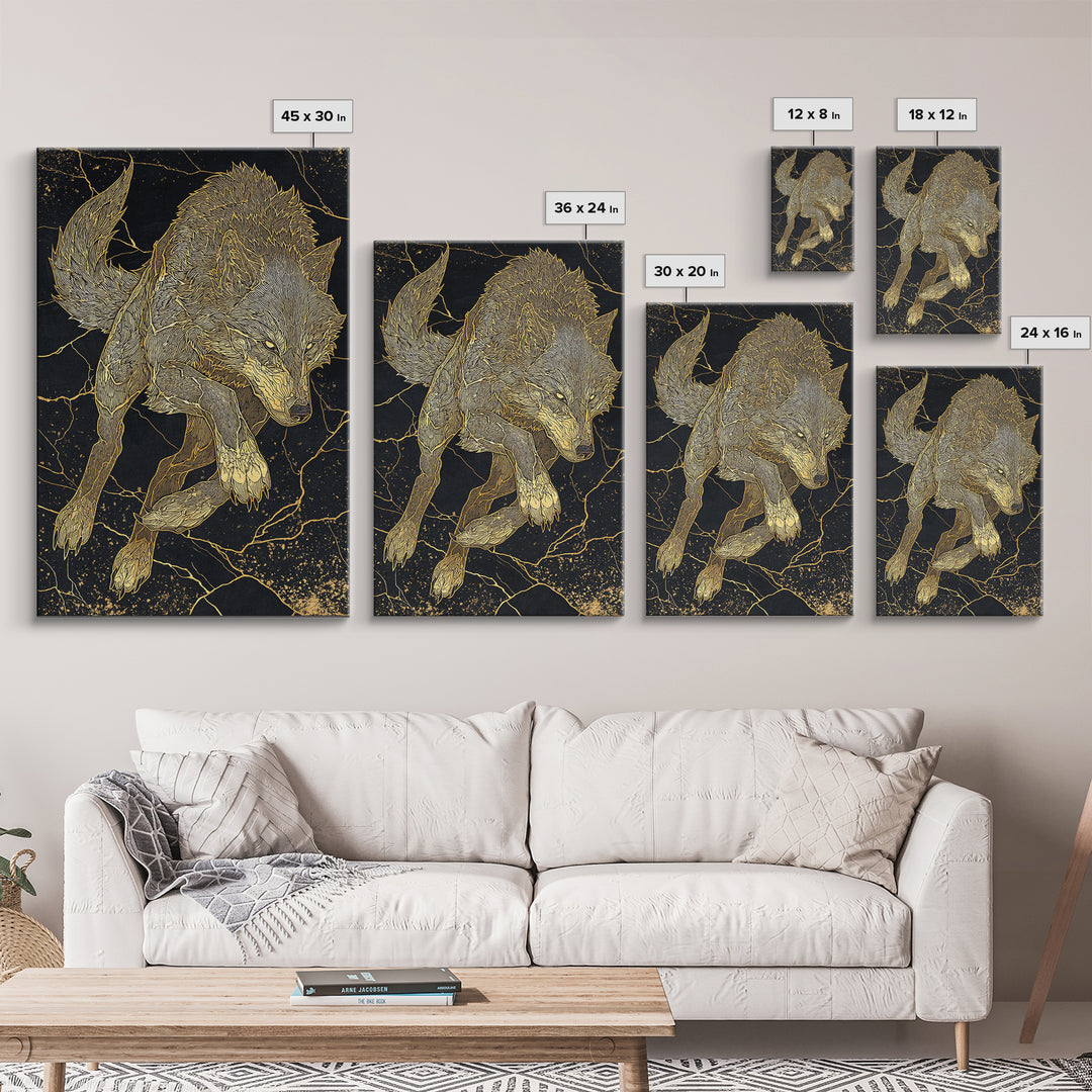 Fenrir Wolf Canvas Gold Art Canvas Art | Norse Mythology Beast Wall Art for Office Decor or Dad Gift | Framed in Real Wood