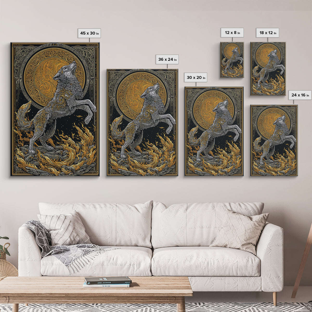 Mythic Wolf Spirit Canvas Gold Art Canvas Art | Norse Viking Wall Art Pagan Symbol Decor for Man Cave | Set with Natural Wood Frame